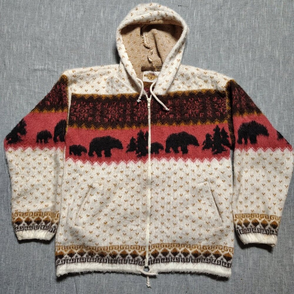 VINTAGE Earth Ragz Sweater Jacket Southwestern Navajo‎ Bears Full Zip Medium